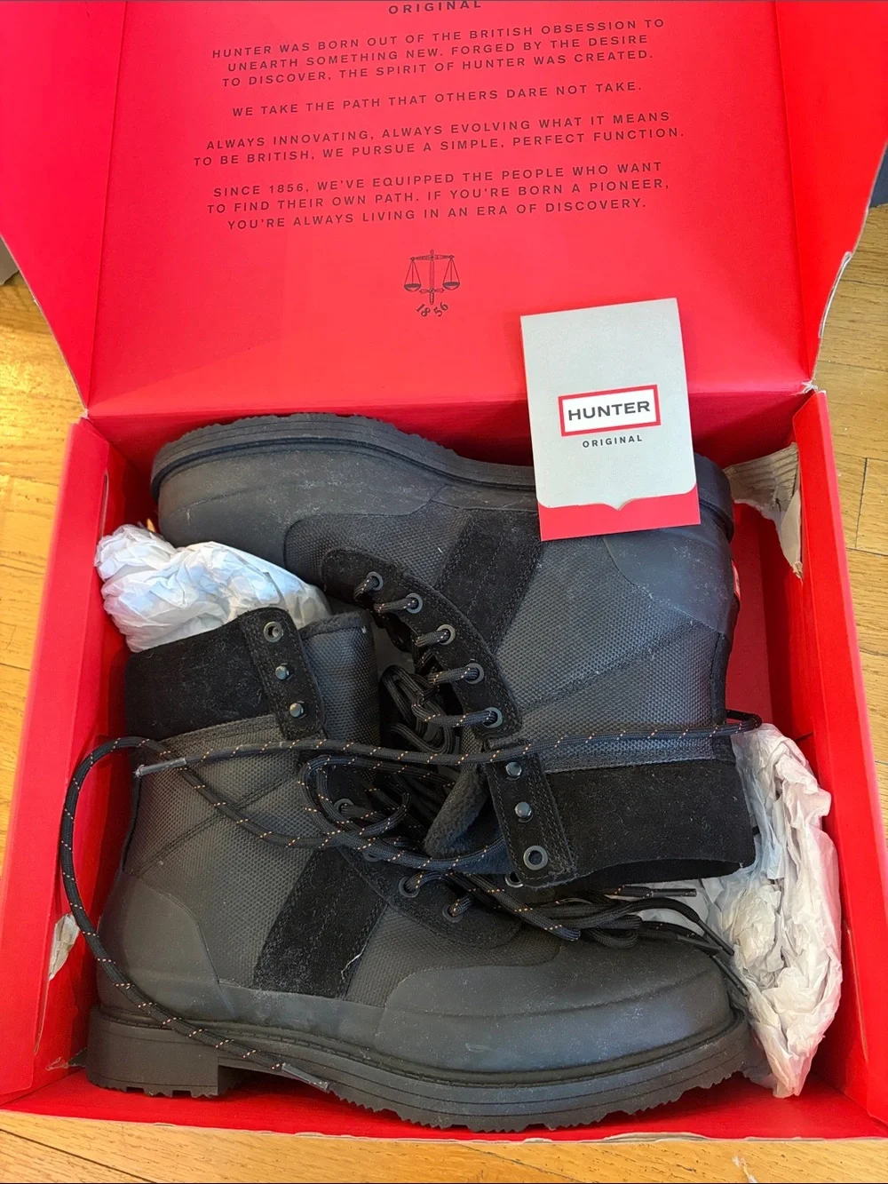 Hunter Black and Gray Lace-Up Waterproof Boots